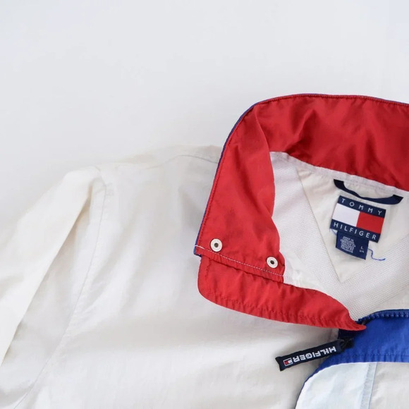 Vintage Y2K Tommy Hilfiger White Full Zip Windbreaker w Hidden Hood Size  Large - Picture 8 of 15